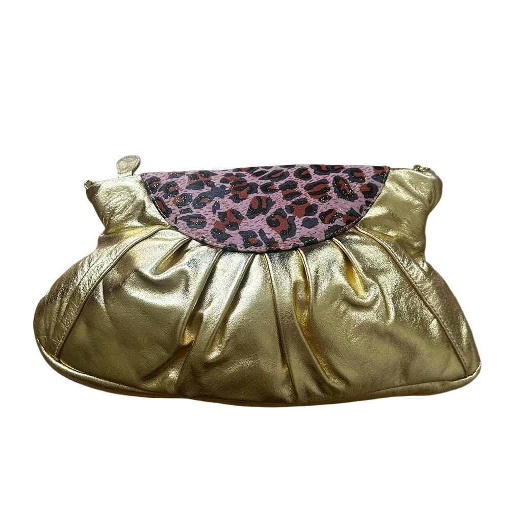 Carlos Falchi Fatto a Mano Gold Lamé Leopard Pink Trim Clutch Vintage Italy